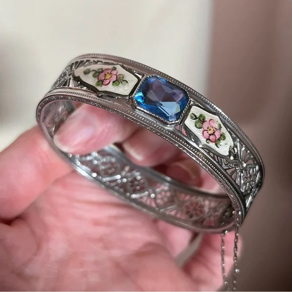 Vintage antique Victorian Art deco Silver Filagree Rose Enamel Blue Bracelet - Picture 17 of 17